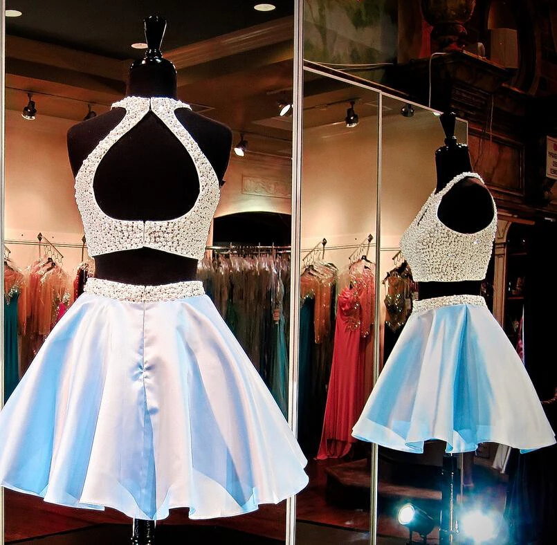 Sexy Halter Two Piece Short Homecoming Dress Beadings Sleeveless