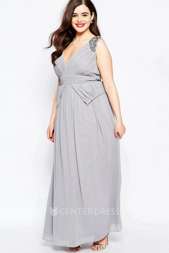 A-Line V-Neck Long Beaded Sleeveless Chiffon Bridesmaid Dress With Ruching