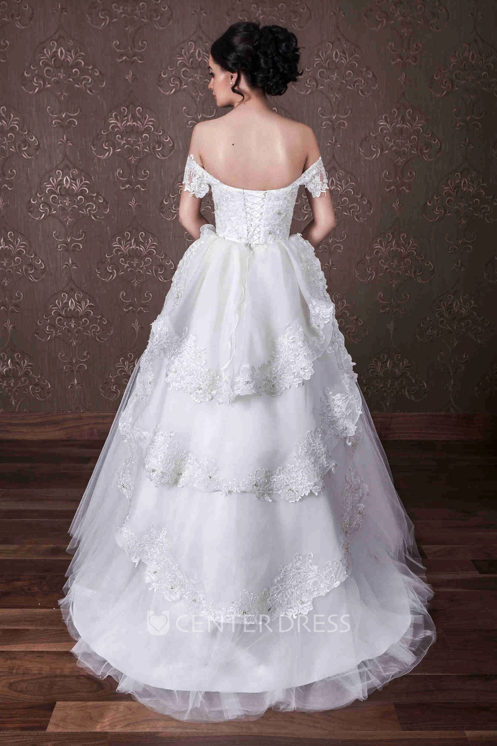 Ball Gown Tiered Off-The-Shoulder Tulle&Lace Wedding Dress With Lace Up