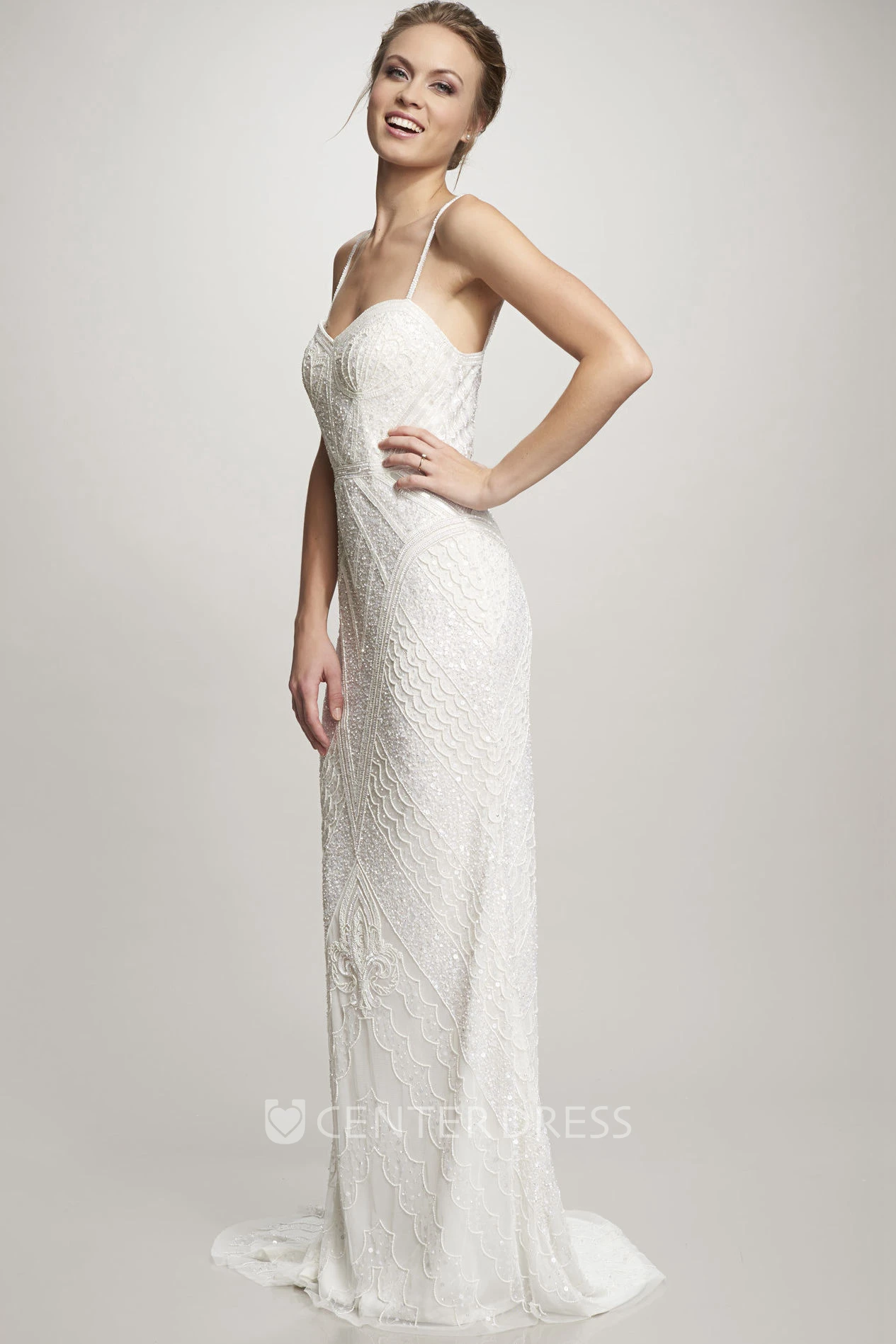 Maxi Spaghetti Beaded Chiffon Wedding Dress With Sweep Train
