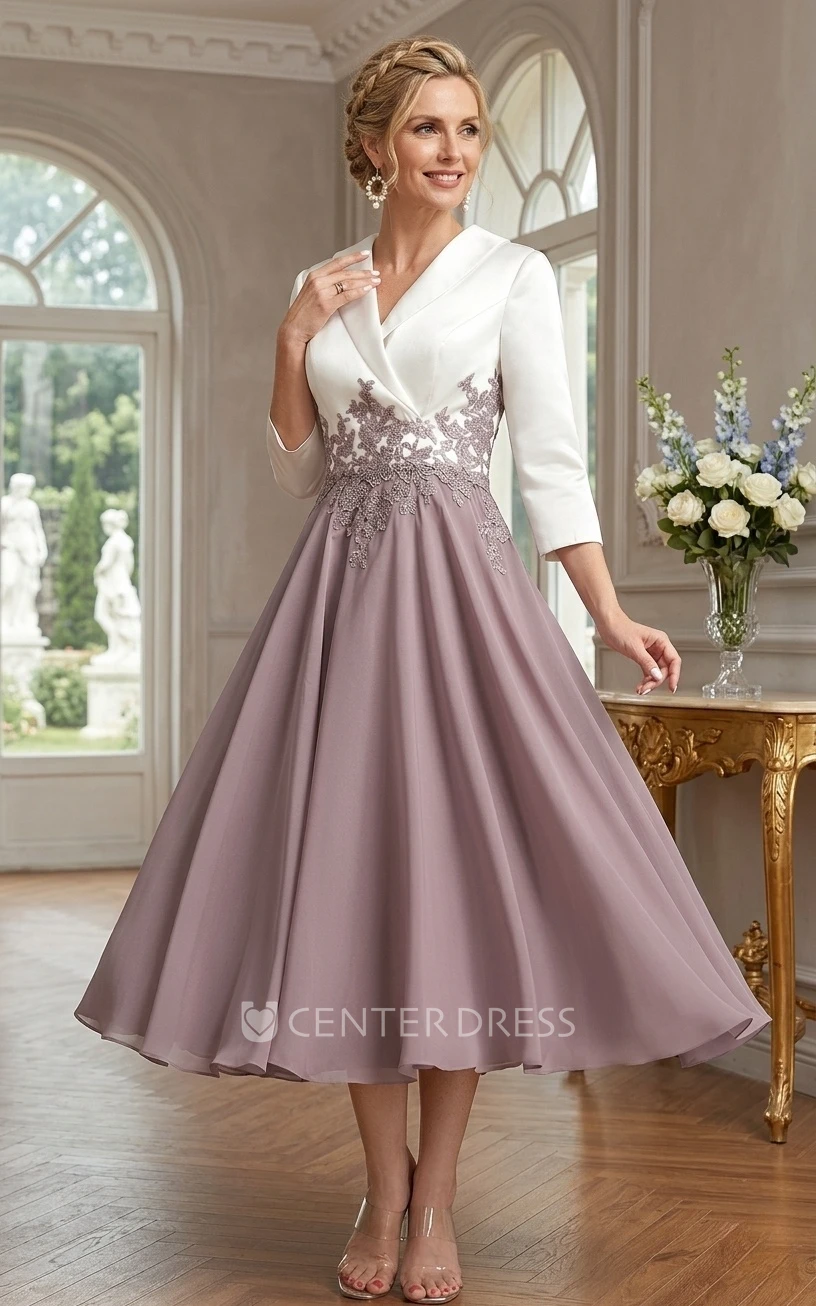 V-neck Satin Chiffon Elegant Lace Appliques Vintage Modest A-Line Reception Tea-length Long Sleeve Prom Mob Guest Evening Dress