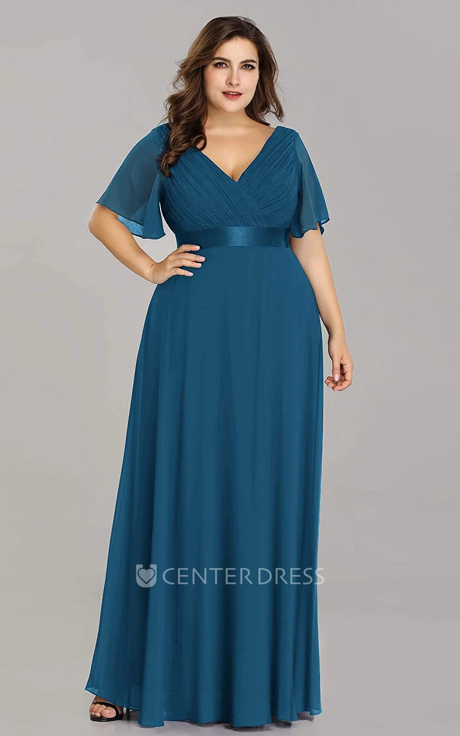 Casual Half Sleeve Chiffon V-neck A Line Mother Dress With Criss Cross and Ruching
