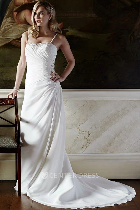 Floor-Length Spaghetti Side-Draped Chiffon Wedding Dress With Court Train