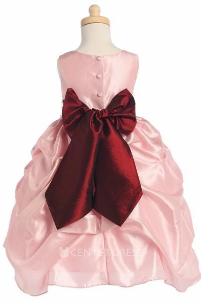 Tea-Length Floral Ruched Floral Taffeta Flower Girl Dress With Ribbon