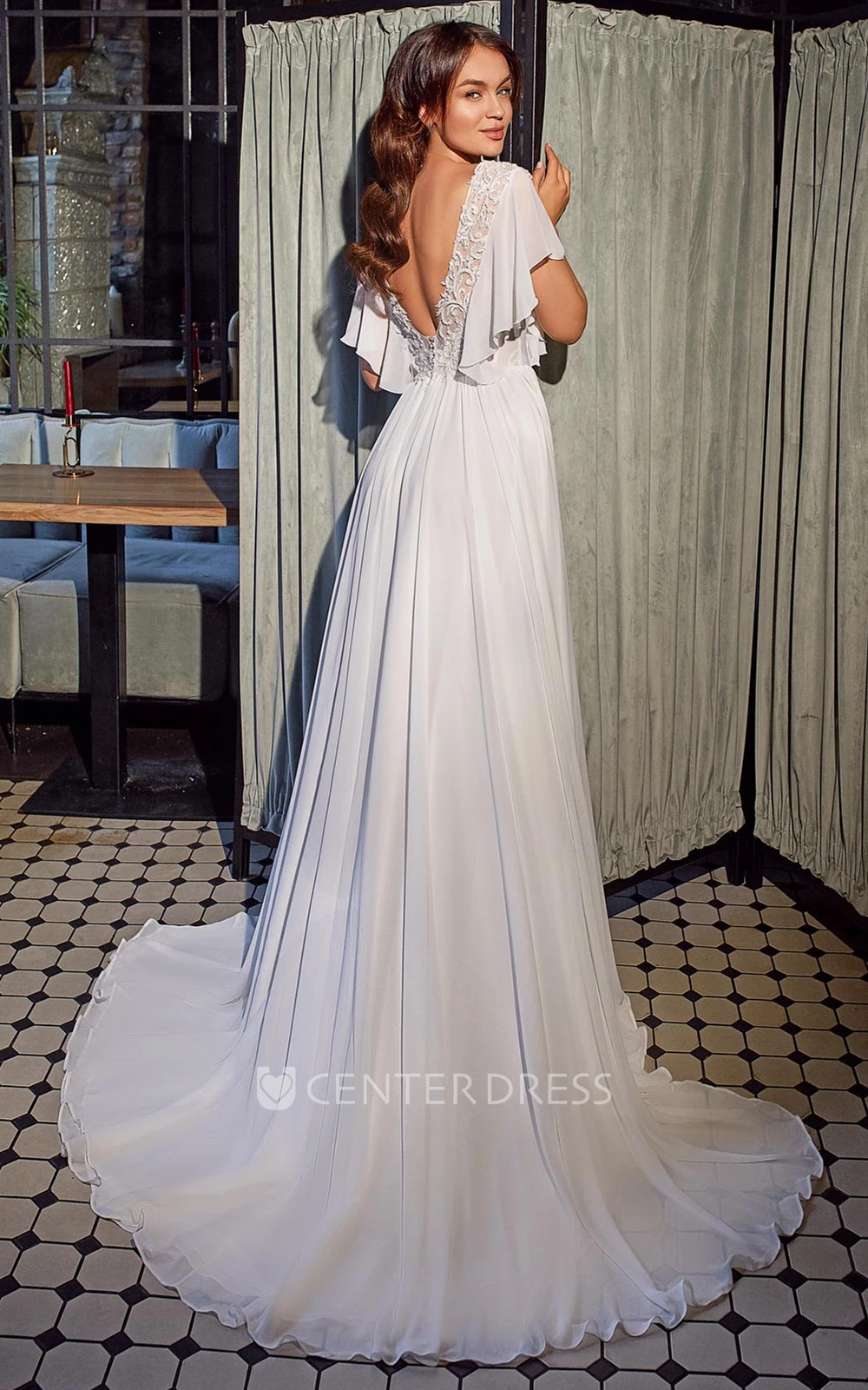 Elegant A-Line Chiffon Plunging Neck Sweep Train Short Sleeve Wedding Dress