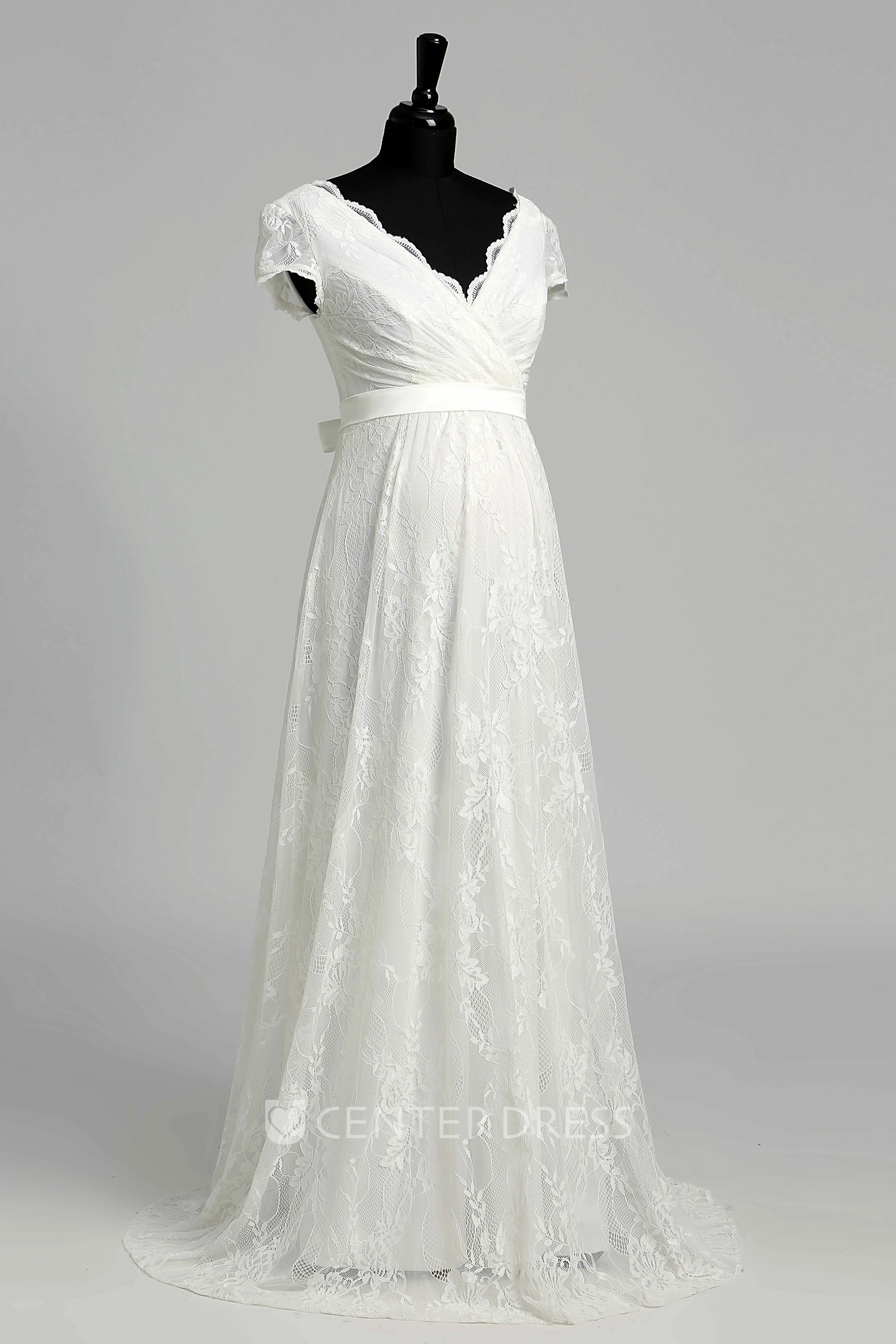 A Line Beach Floor-length Bow Sash Ribbon Lace Maternity Warm Wedding Dress