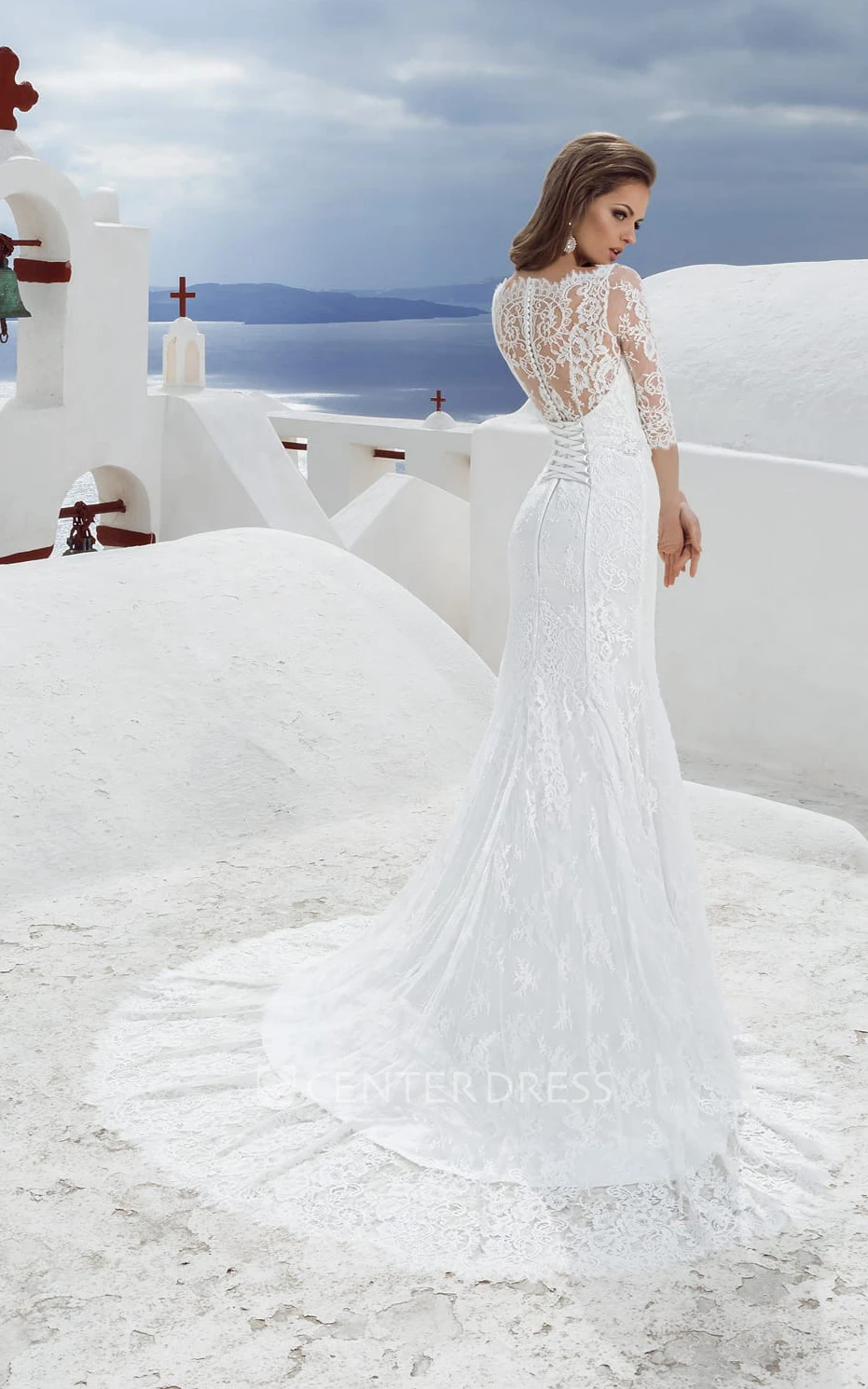 Bateau Neck 3-4 Length Sleeve Sheath Lace Wedding Dress With Beading