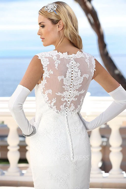 Queen Anne Long Appliqued Lace Wedding Dress With Illusion