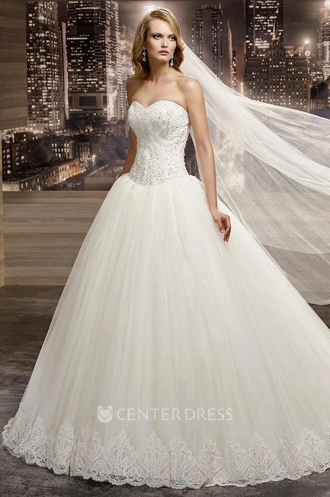 Sweetheart Beaded A-Line Bridal Gown With Brush Train And Lace-Up Back