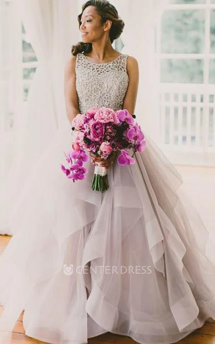 Sleeveless A-line Tulle Sweep Train Dress with Ruffles