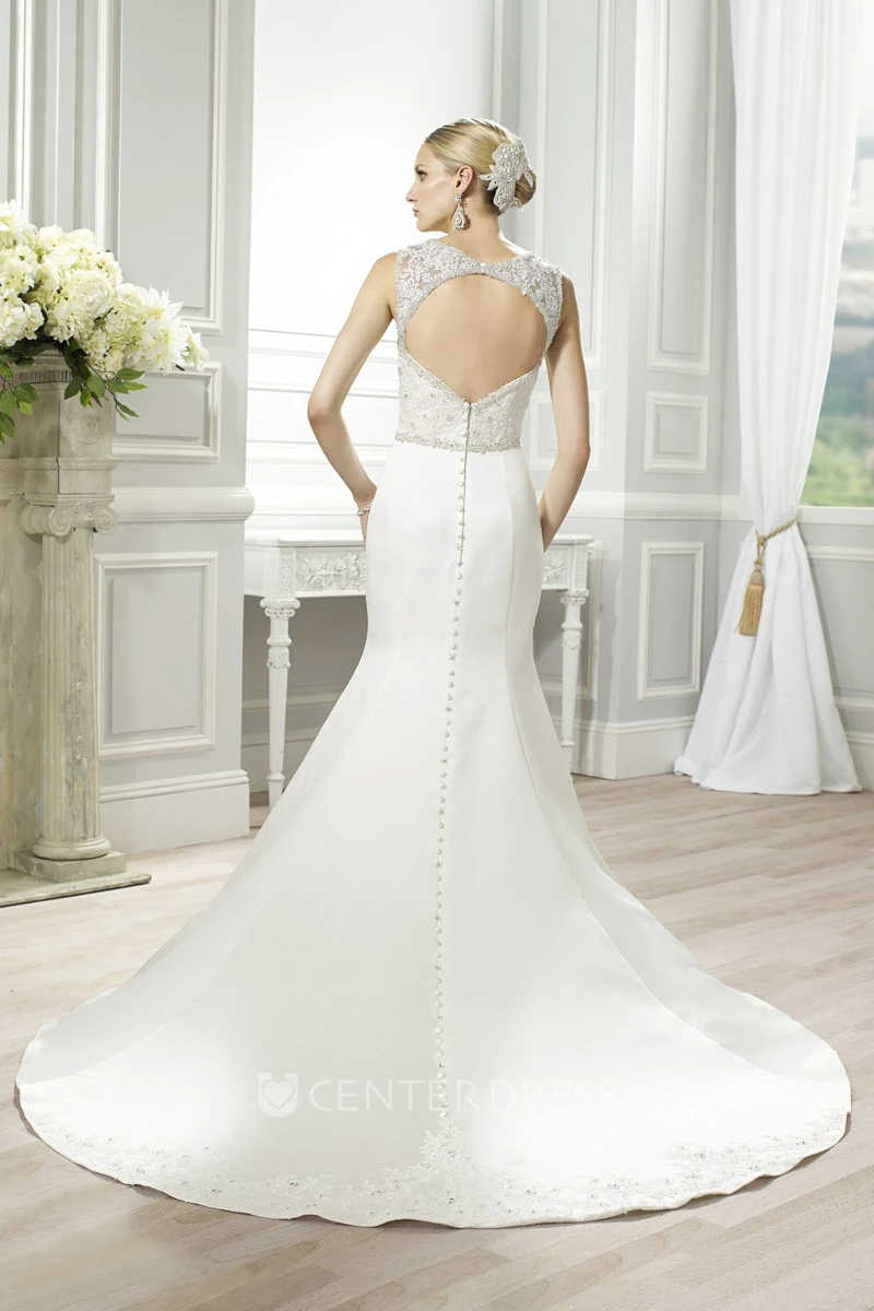 Mermaid Appliqued Straps Maxi Sleeveless Satin Wedding Dress With Waist Jewellery And Keyhole Back