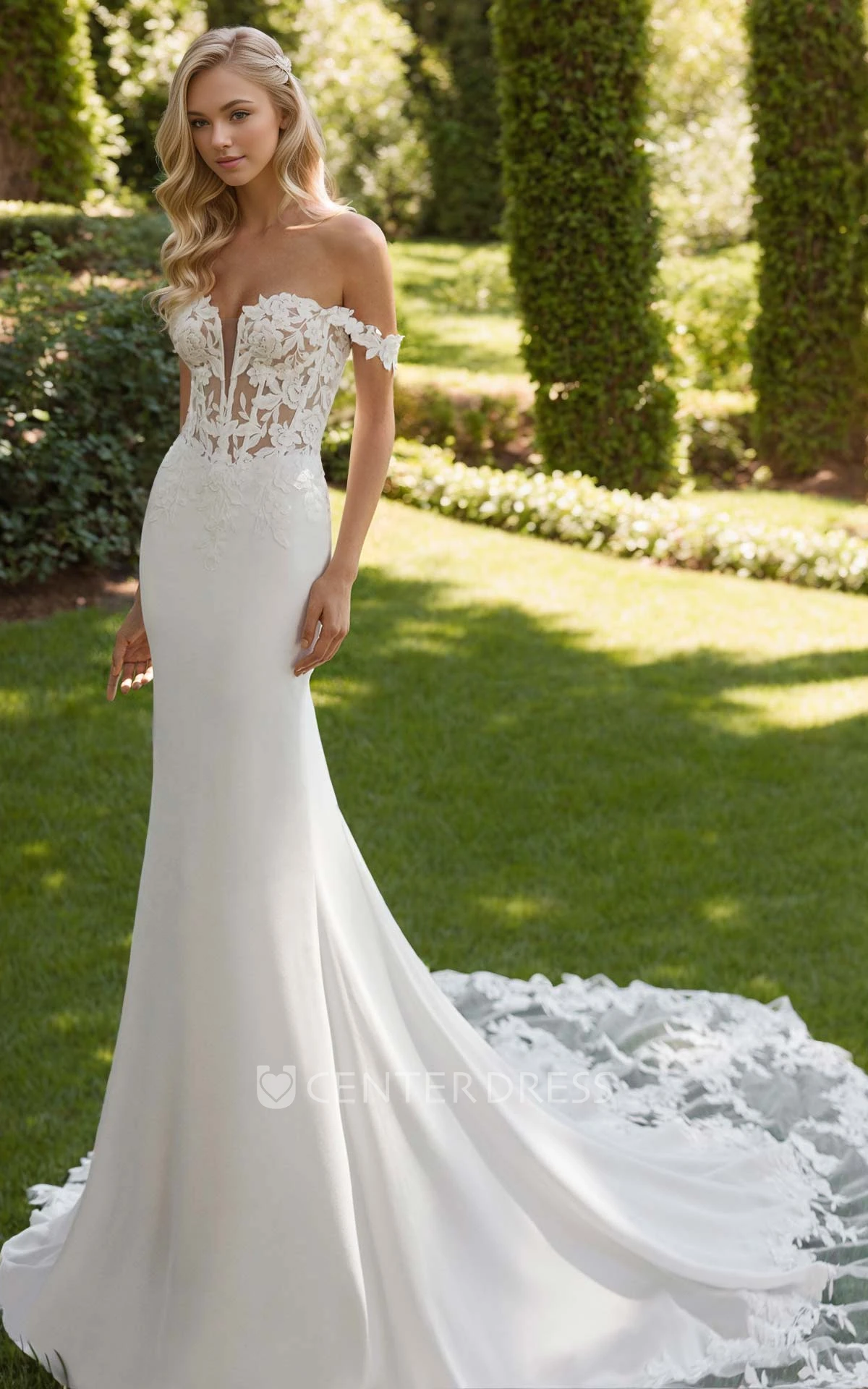 Romantic Sexy Off-the-shoulder Mermaid Jersey Lace Flowers Floor-length Warm Wedding Dress Vintage Elegant Sleeveless Open Button Back Bridal Gown with Train