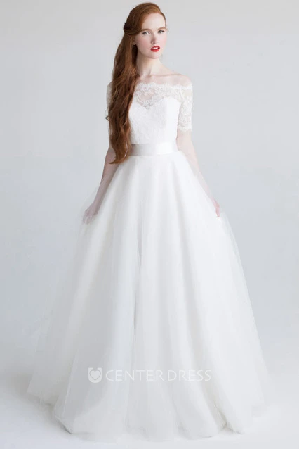 Ball Gown Floor-Length Appliqued Short-Sleeve Off-The-Shoulder Tulle&Satin Spring Wedding Dress With Bow