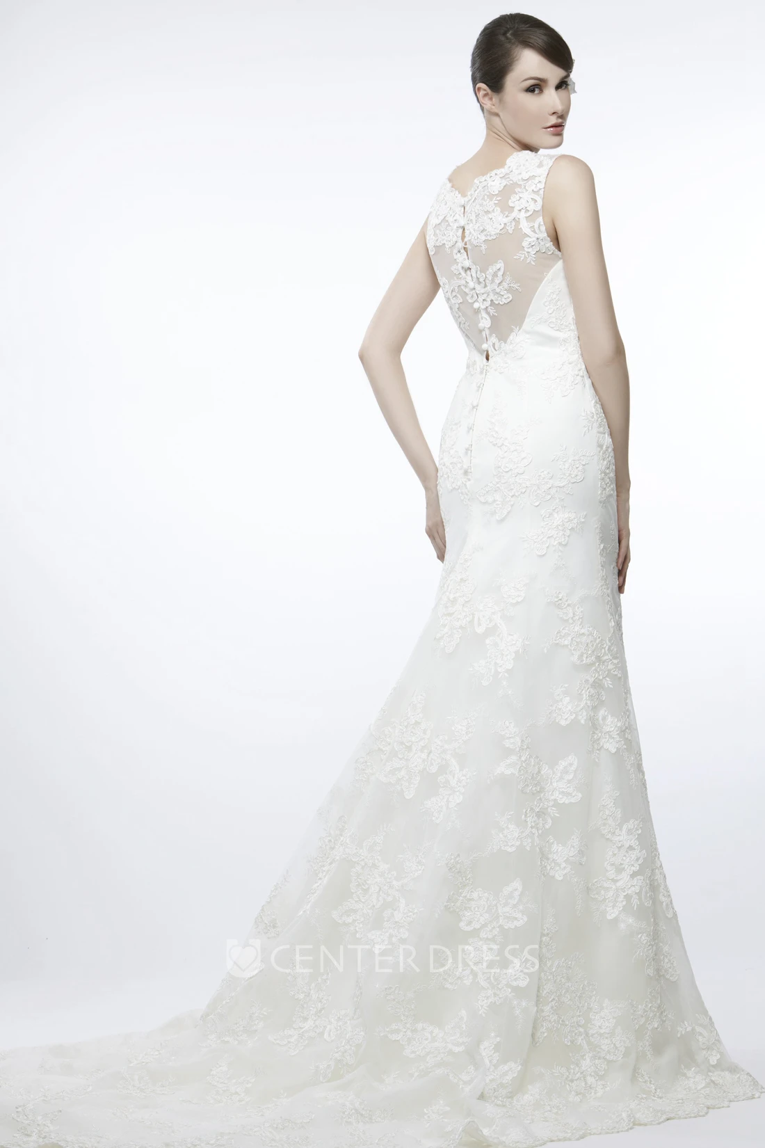 Sheath Sleeveless Appliqued Floor-Length Scoop Lace Wedding Dress With Illusion Back And Court Train