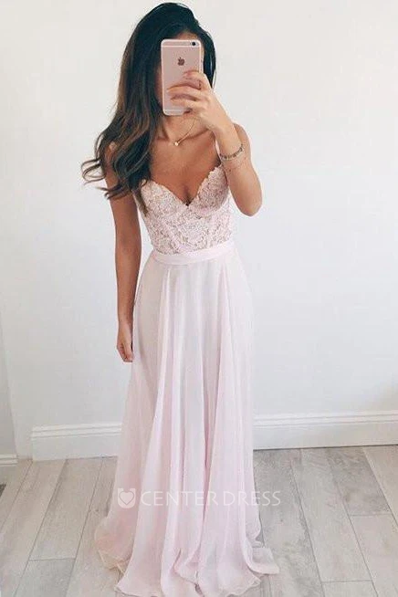 Sleeveless Floor-length A-Line Straps V-neck Chiffon Lace Dress