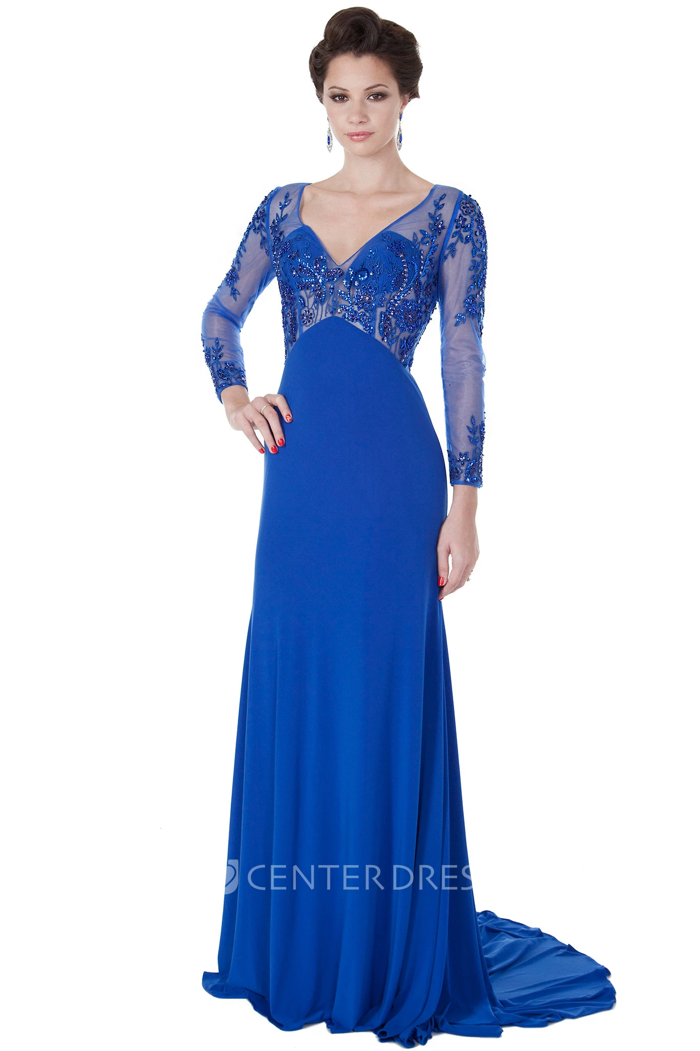 Beaded Long-Sleeve V-Neck Maxi Chiffon Evening Dress With Appliques