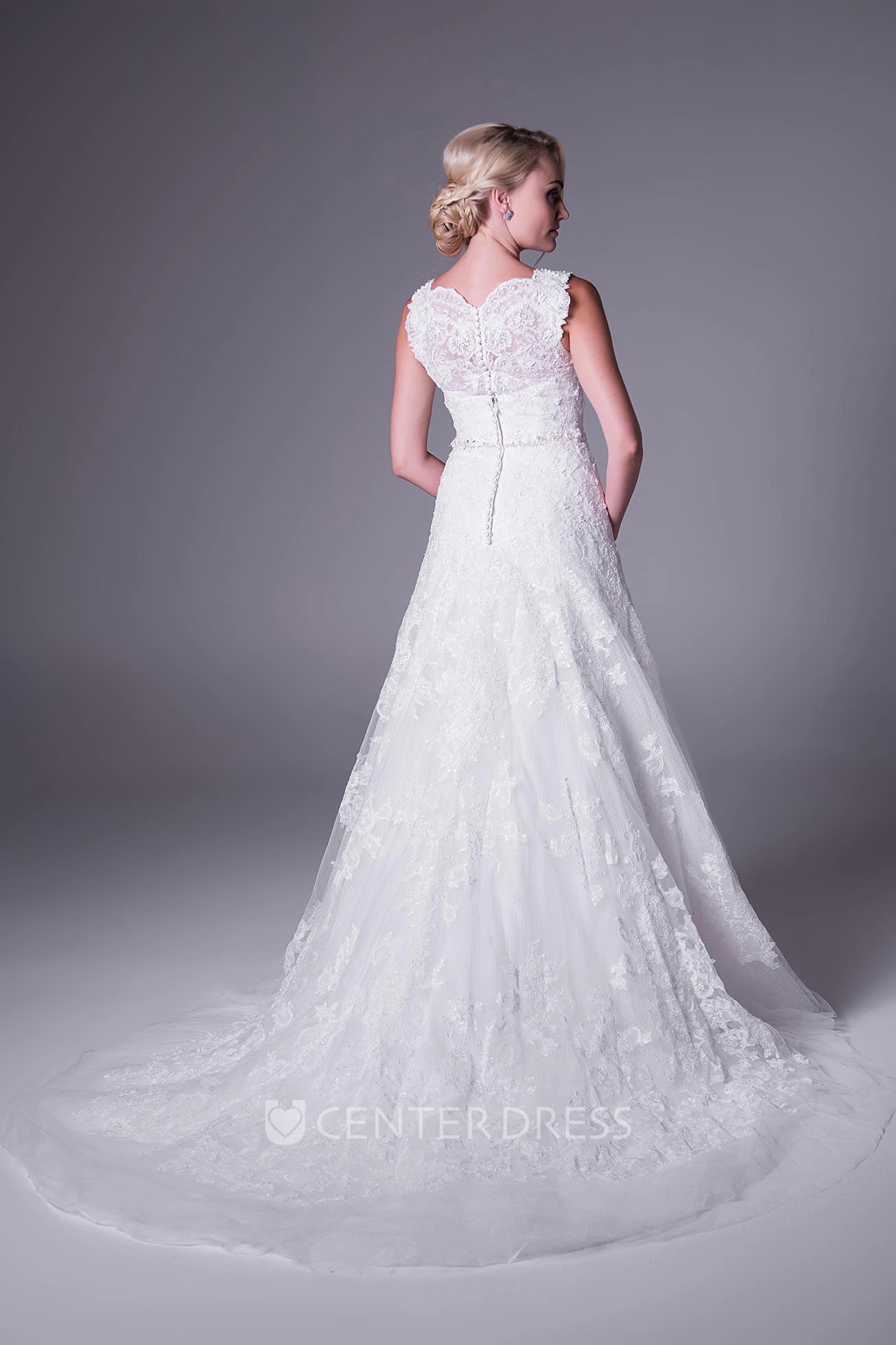 A-Line Sleeveless Appliqued Maxi V-Neck Lace Winter Wedding Dress With Waist Jewellery