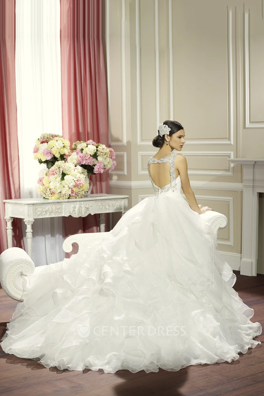 Ball-Gown Sleeveless Maxi Ruffled Organza Wedding Dress With Beading And Ruching