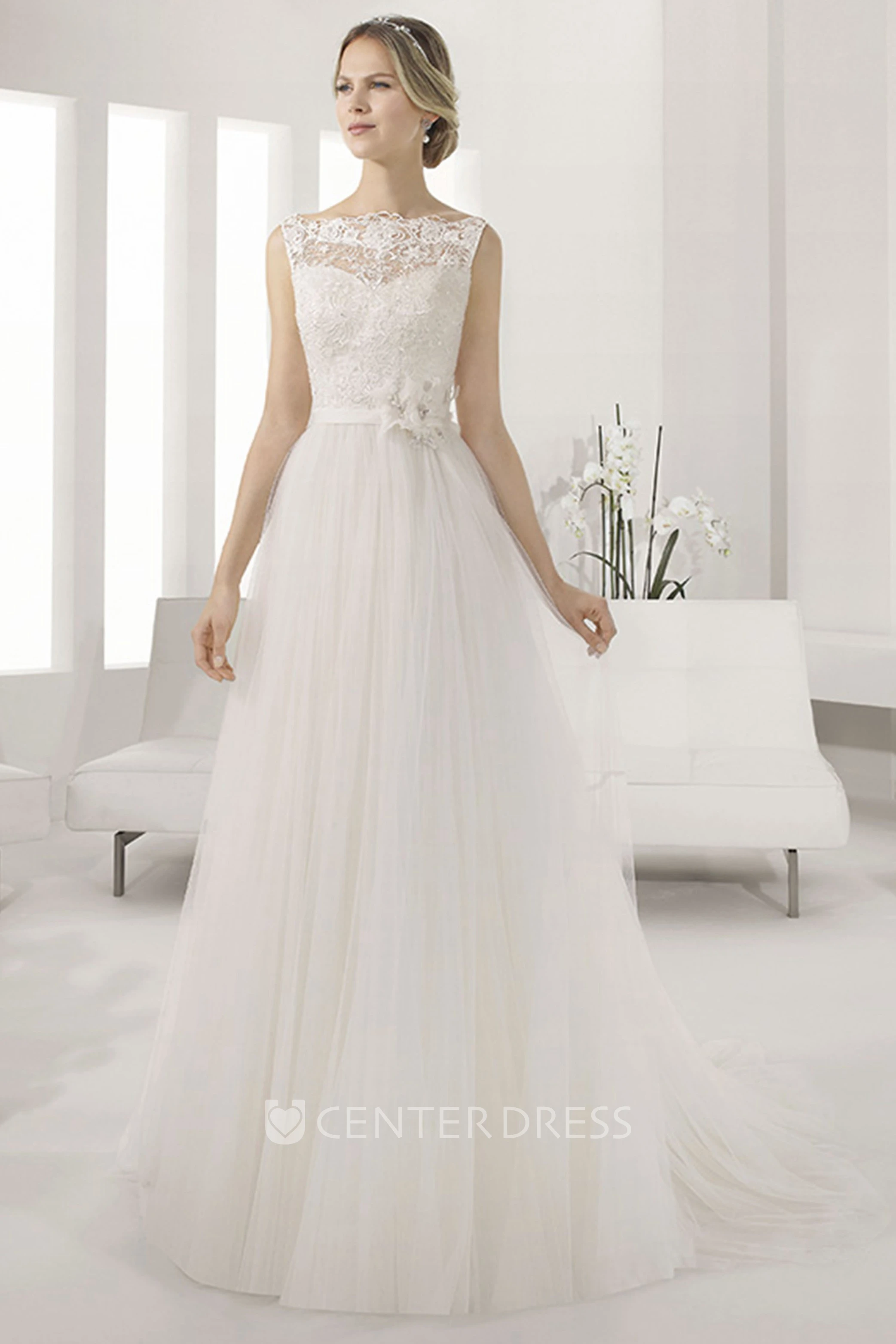 Bateau Sleeveless A-line Pleated Tulle Gown With Lace Top And Waist Flower