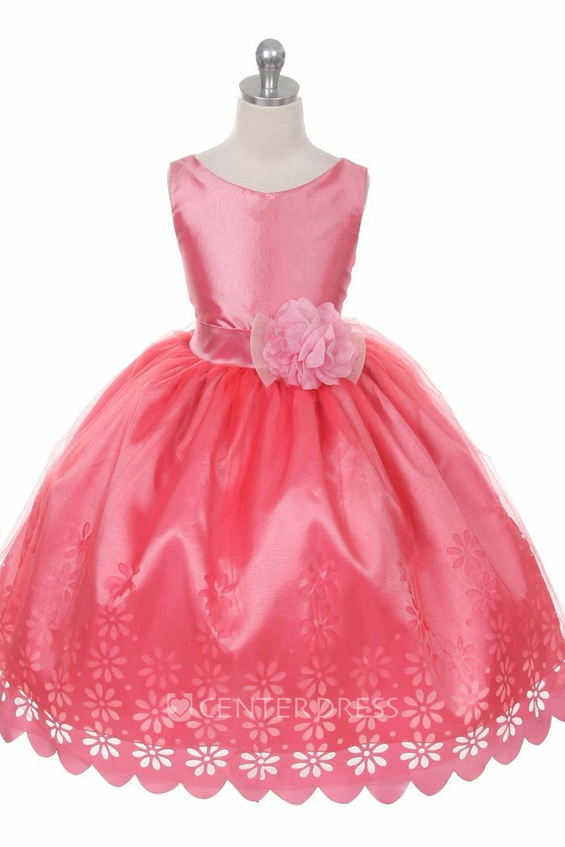 Tea-Length Floral Floral Satin Flower Girl Dress