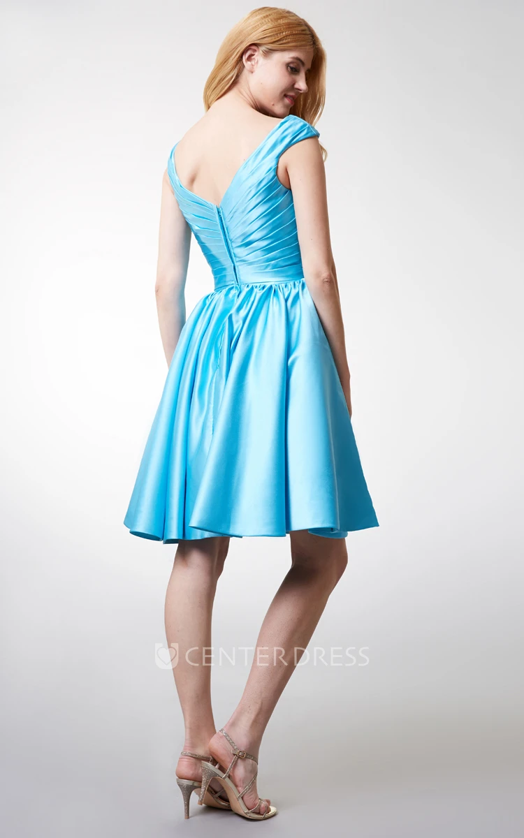 Cap-sleeved V Neck Satin Bridesmaid  Dress