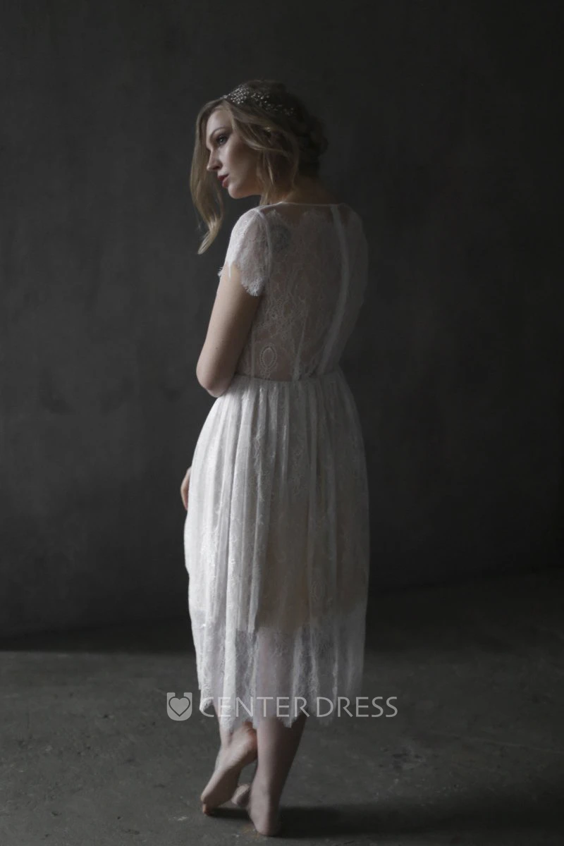 Simple Bohemian Lace Tea-length Wedding Dress With Zipper