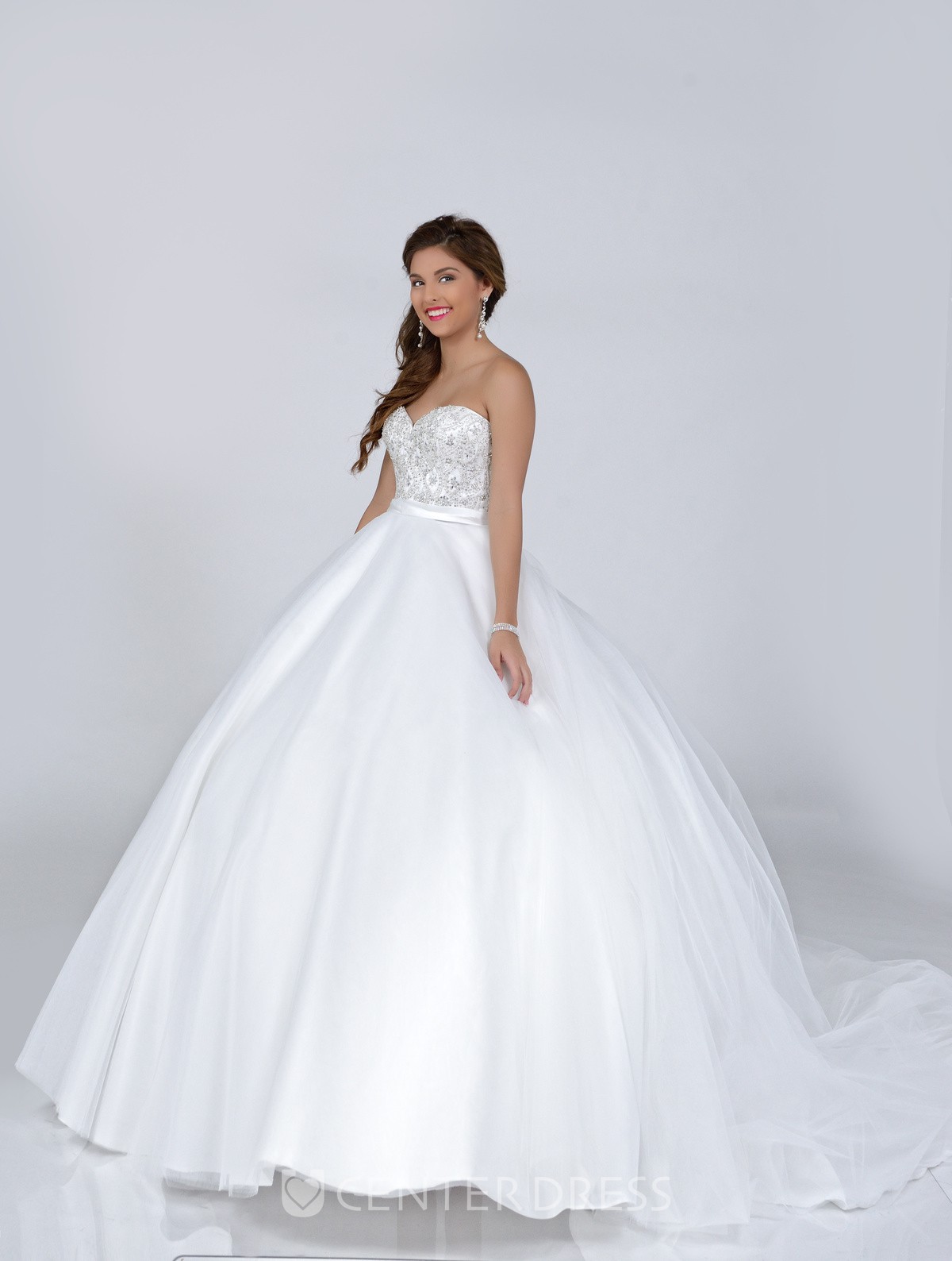 Sweetheart Tulle Overlay Satin Ball Gown Featuring Jeweled Bodice UCenter Dress