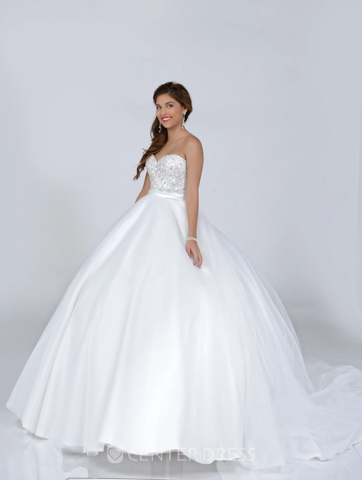 Sweetheart Tulle Overlay Satin Ball Gown Featuring Jeweled Bodice