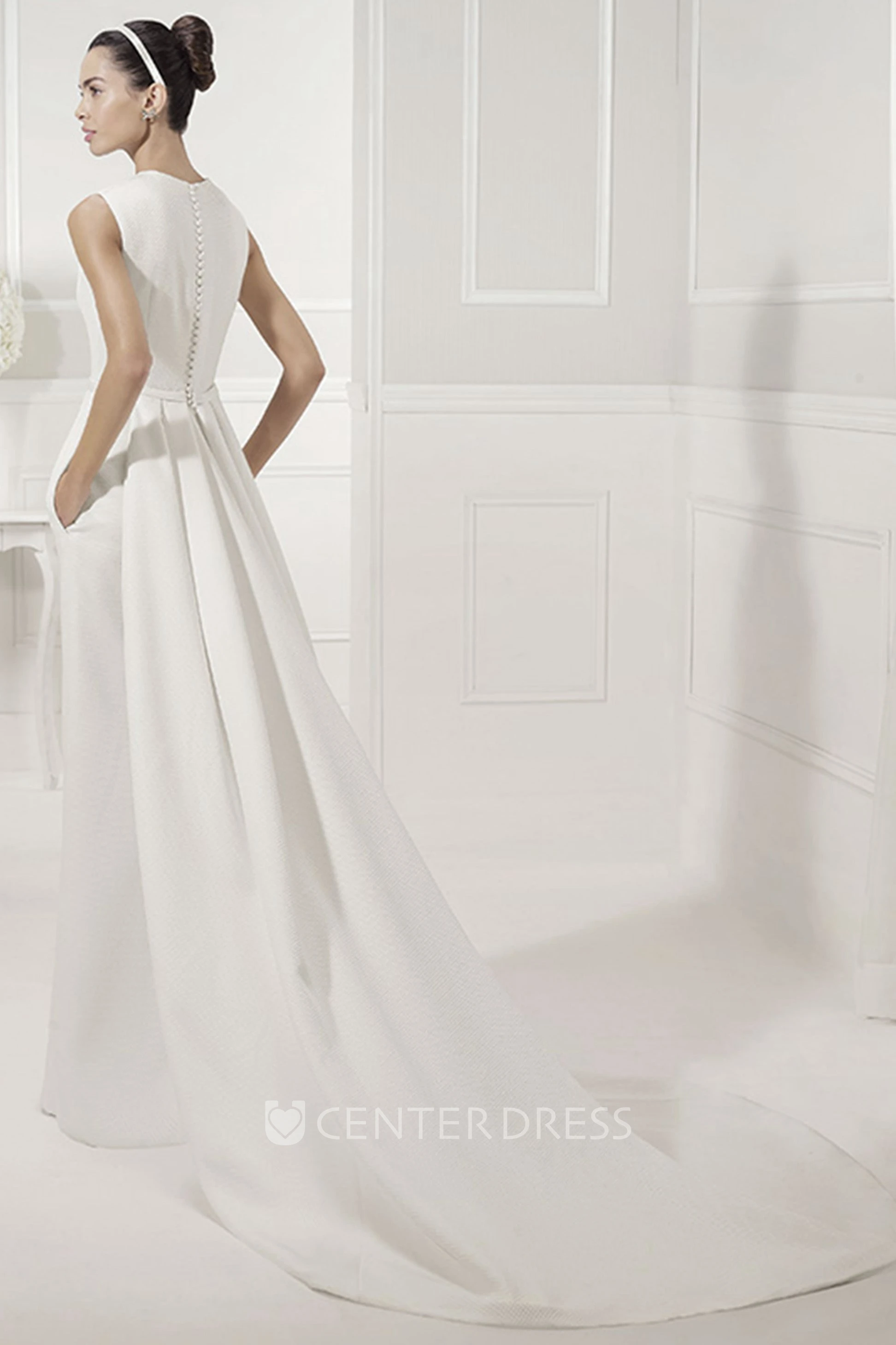 High Neck Sleeveless Sheath Bridal Gown With Belt