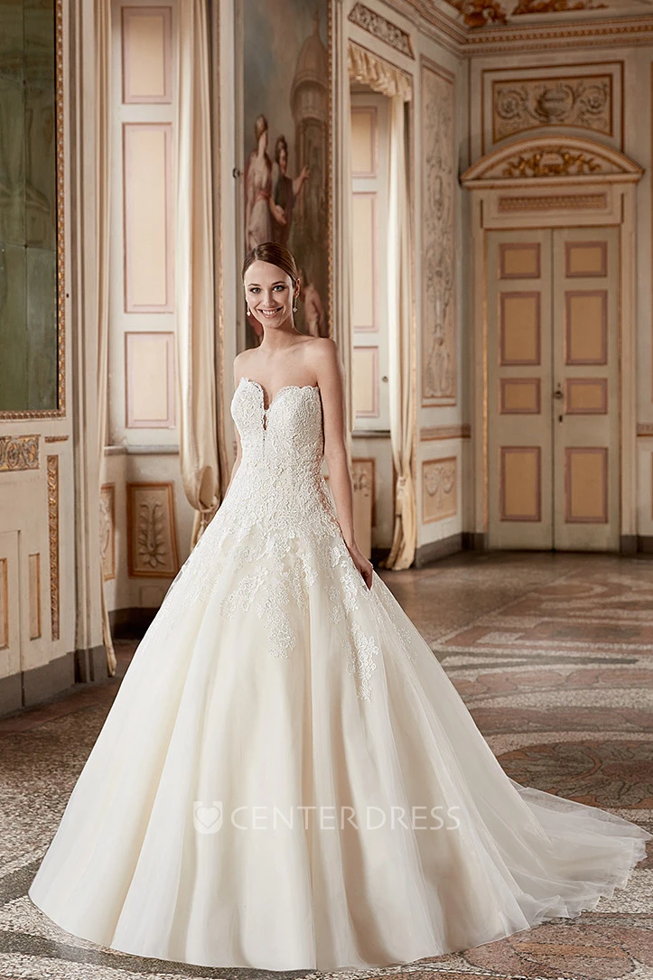 Ball Gown Sweetheart Long Tulle&Lace Wedding Dress With Appliques And V Back