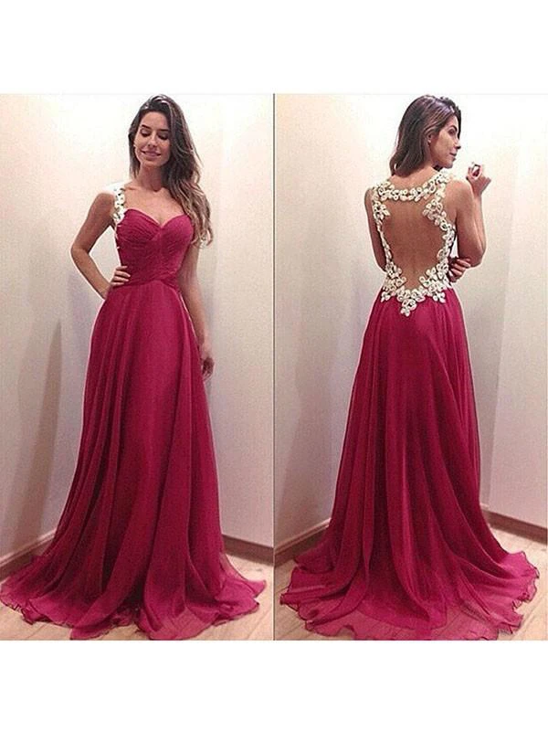A-Line Princess Sleeveless Chiffon Ruched Sweep Brush Train Sweetheart Dresses