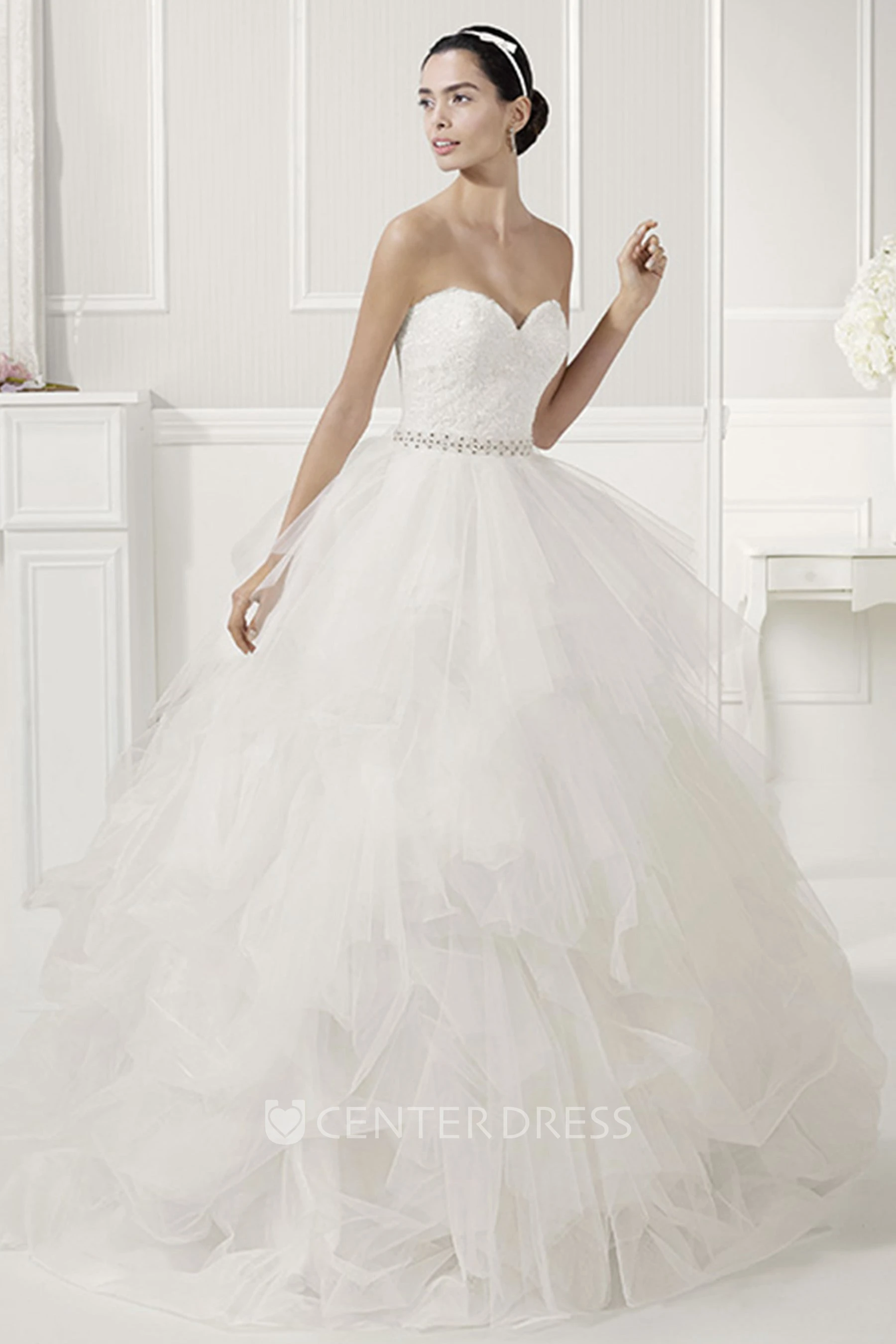 Sweetheart Crystal Waist Layered Organza Bridal Ball Gwon