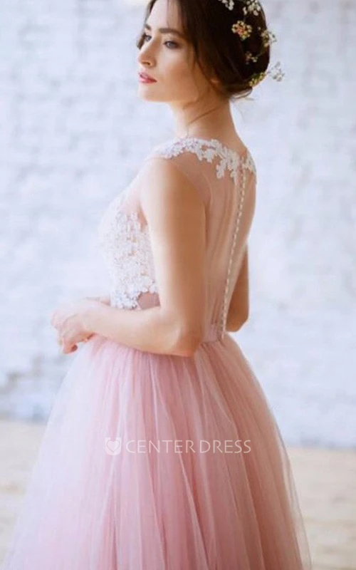 Bateau Tulle Sleeveless Floor-length A Line Prom Dress with Pleats