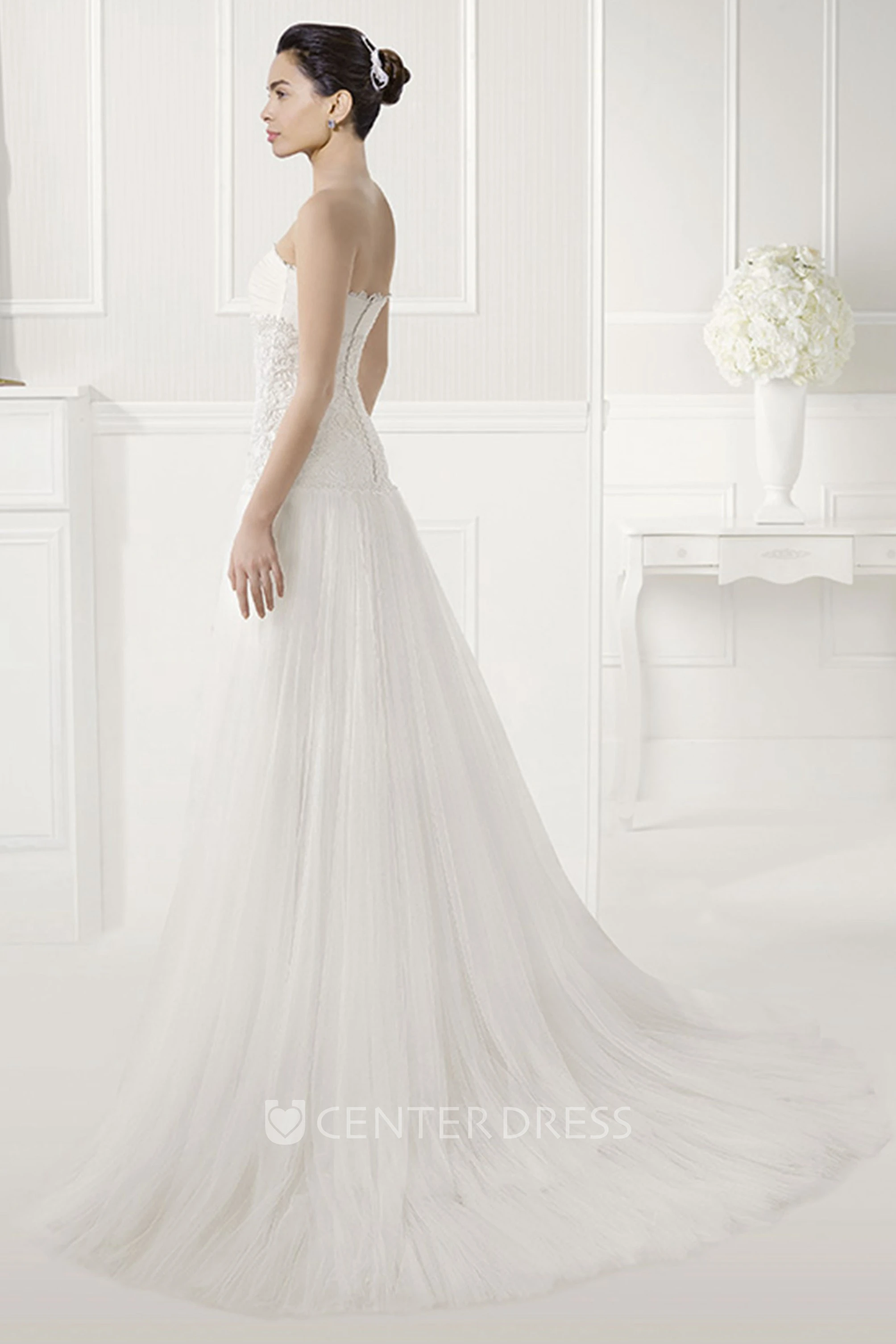Strapless Drop Waist Tulle Gown With Appliques And Flower