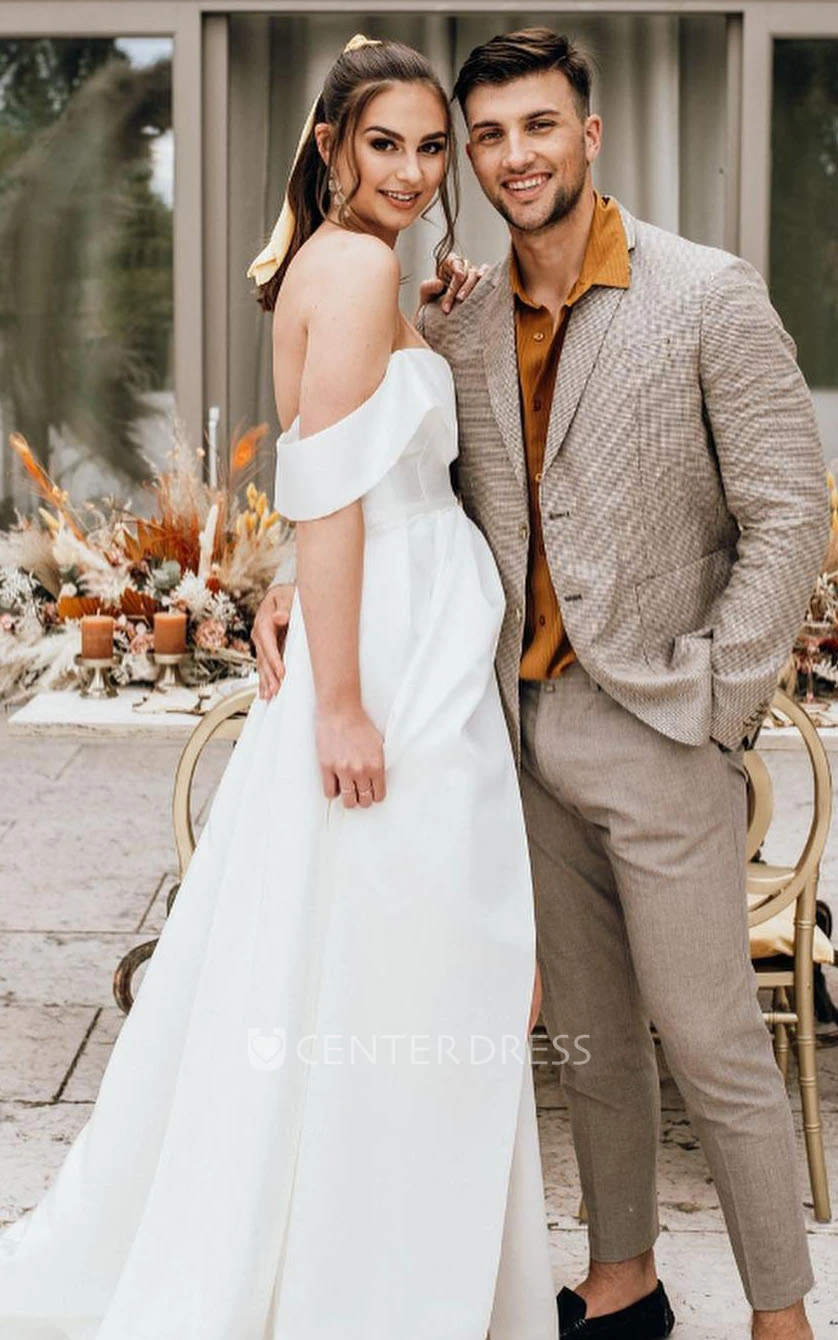 Off-the-shoulder A-Line Simple Sexy Beach Satin Winter Wedding Dress With Open Back And Split Front