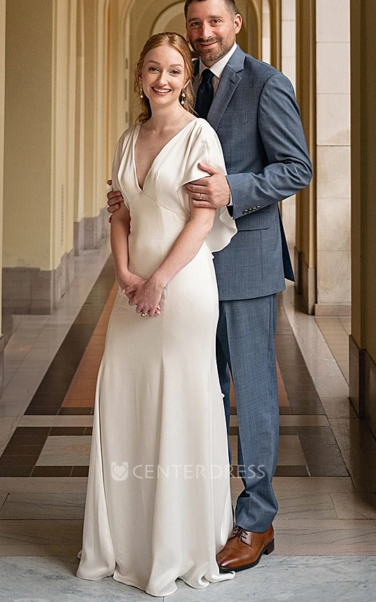 Simple White Casual Sheath Plunging Neckline Wedding Dress with Bat Sleeve Long Train