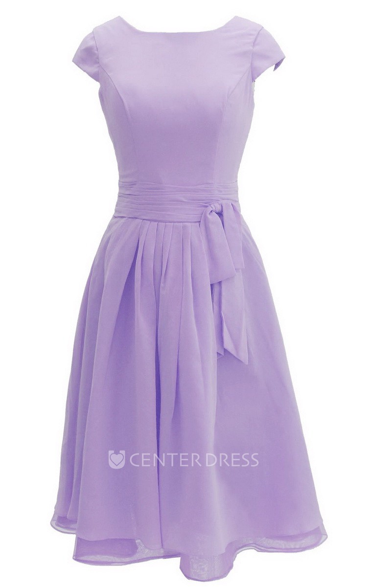 Cap-sleeved Knee-length Chiffon Dress With Ribbon - UCenter