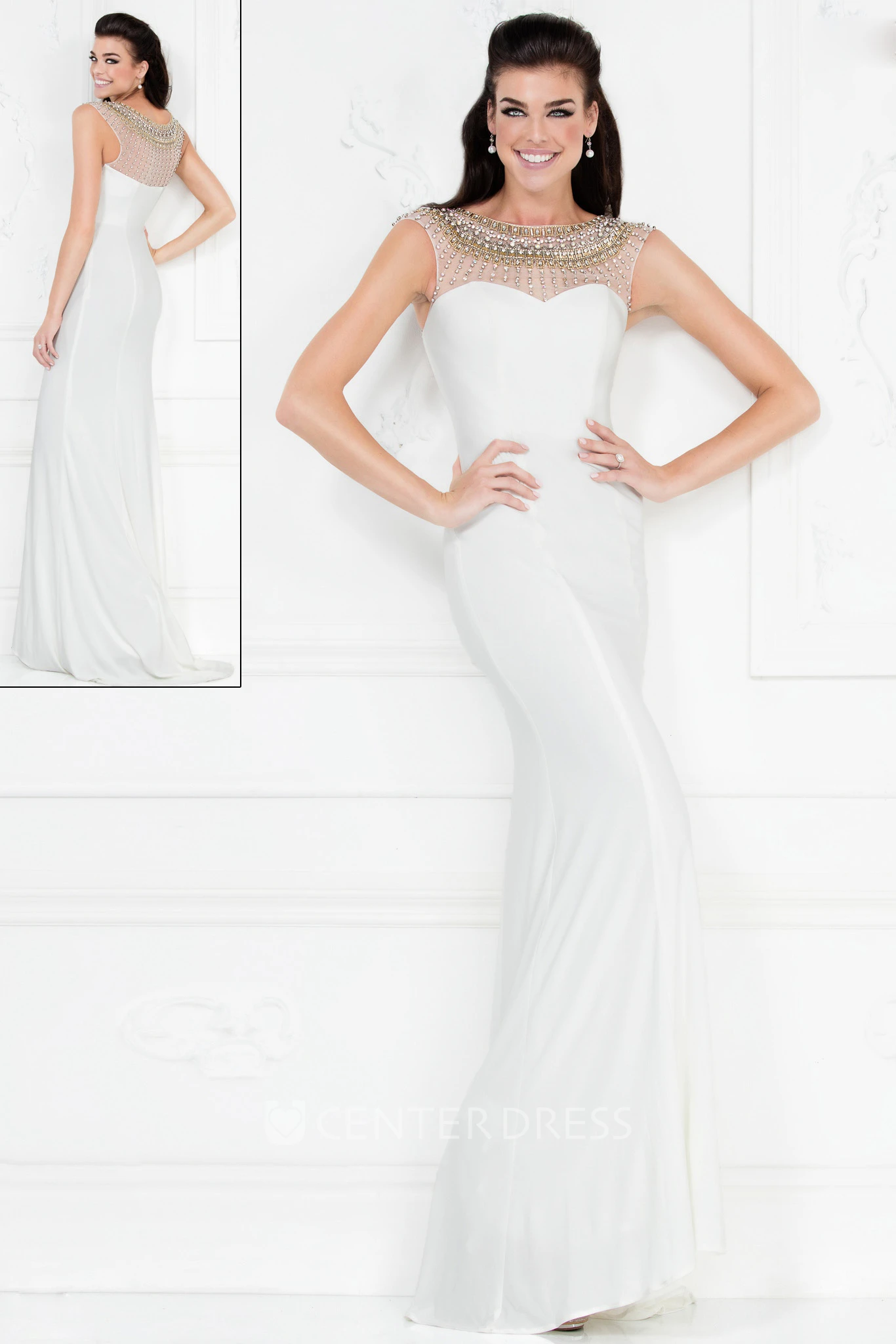 Sheath Long Scoop-Neck Cap-Sleeve Jersey Illusion Dress With Beading