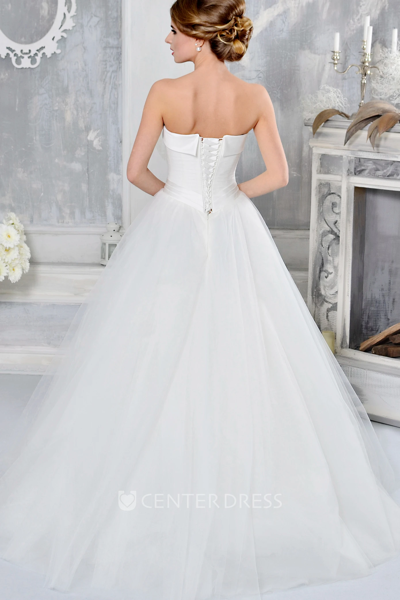 A-Line Sleeveless Bowed Strapless Long Satin&Tulle Wedding Dress