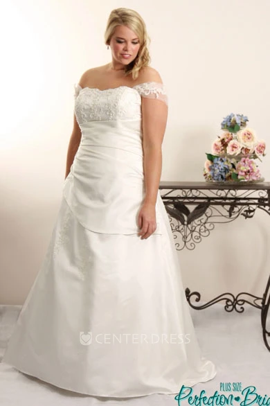 A-Line Long Off-The-Shoulder Satin Plus Size Wedding Dress With Appliques