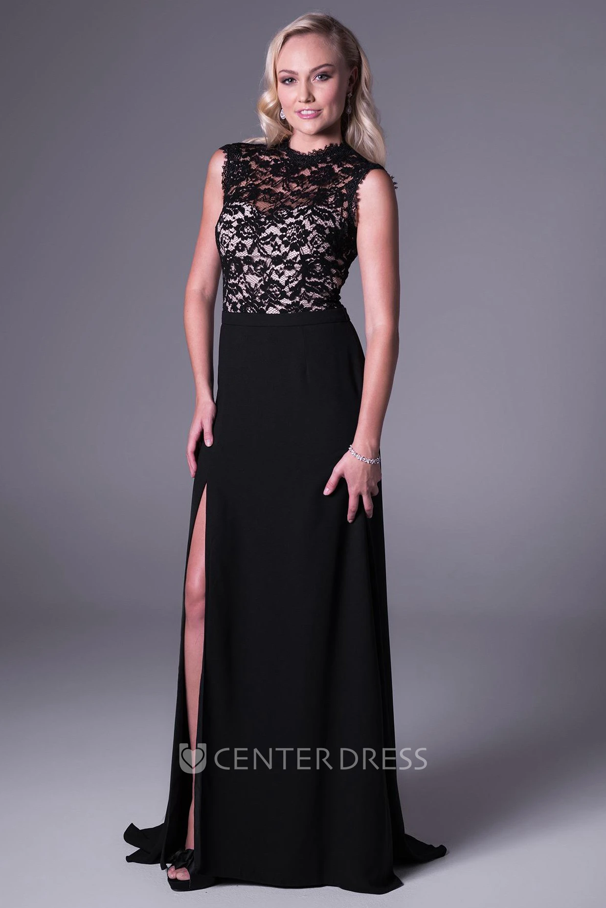 Sheath High-Neck Maxi Split-Front Sleeveless Chiffon&Lace Prom Dress