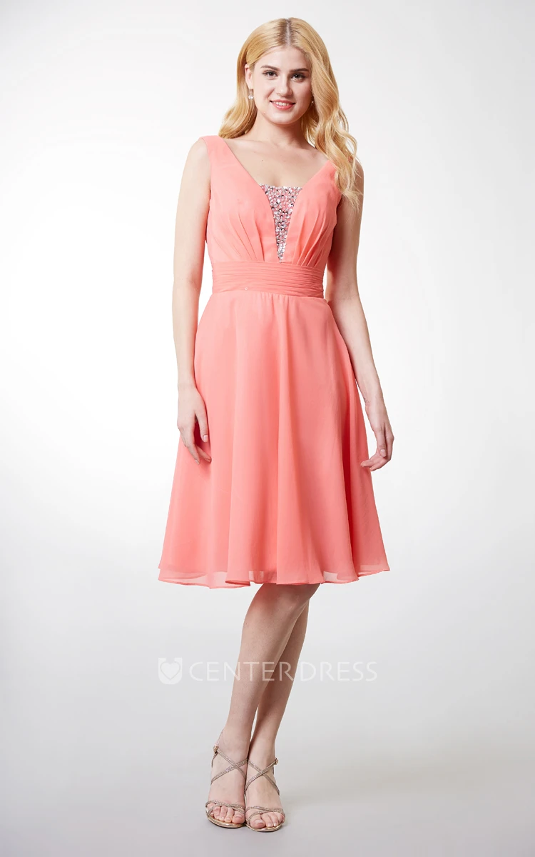 Pleated A-line Short Chiffon Dress With Crystal-detailing