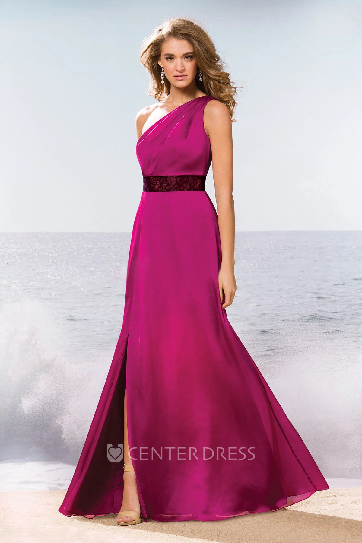 One-Shoulder Long Gown With Lace Waist And Slit Detail
