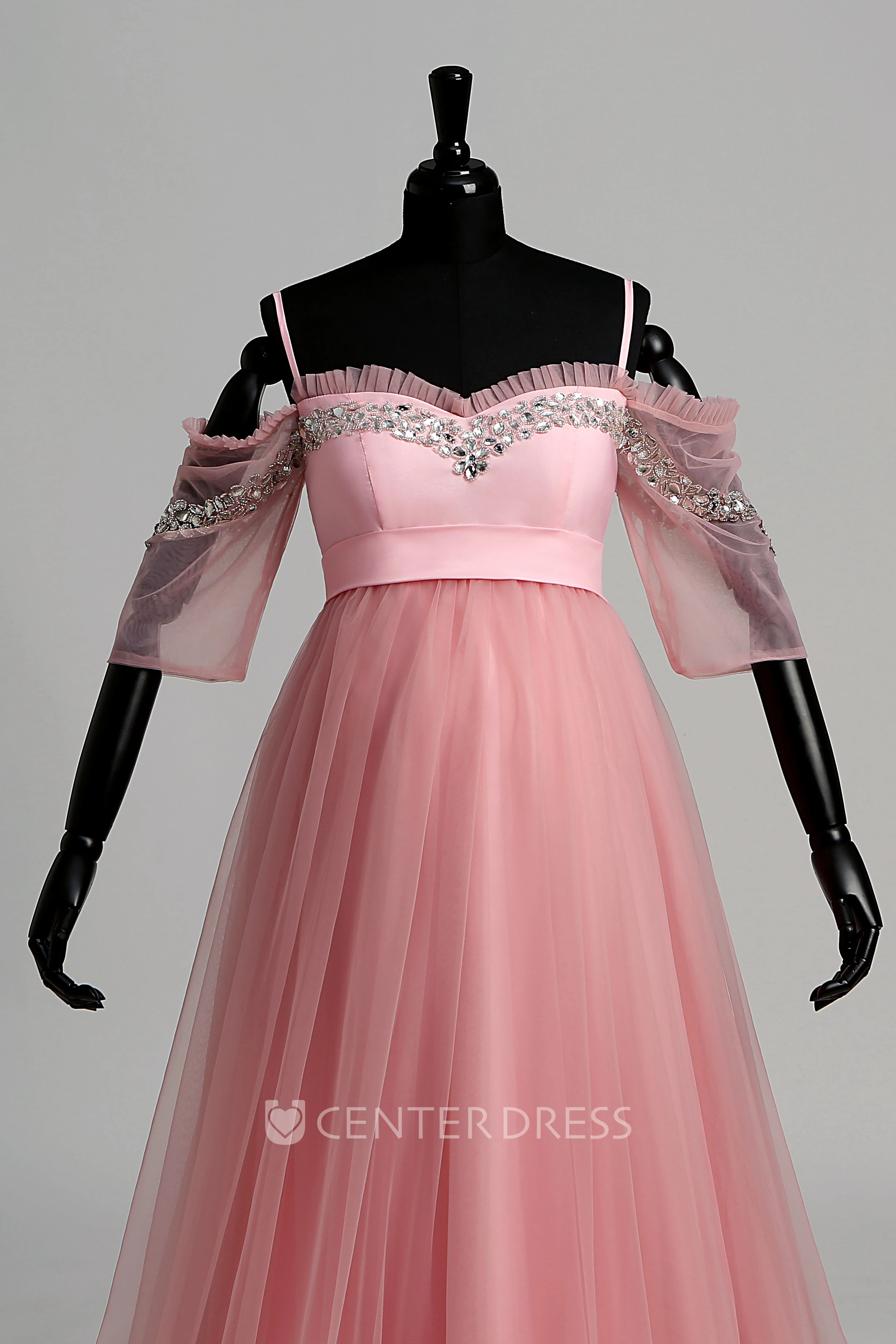 A-line Sweep Brush Train Beading Ruffles Tulle Maternity Dress