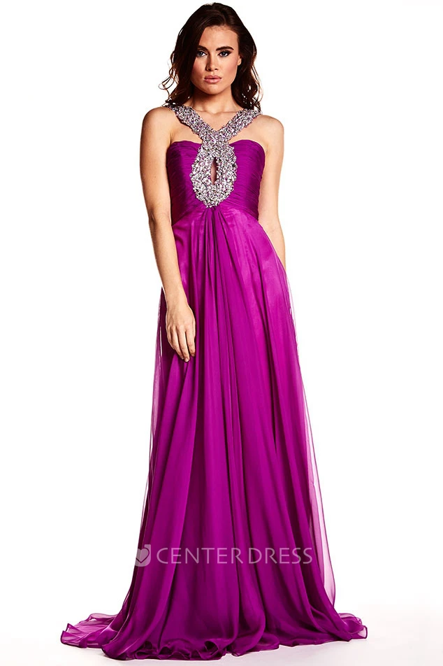 Floor-Length Beaded Strapped Sleeveless Chiffon Prom Dress