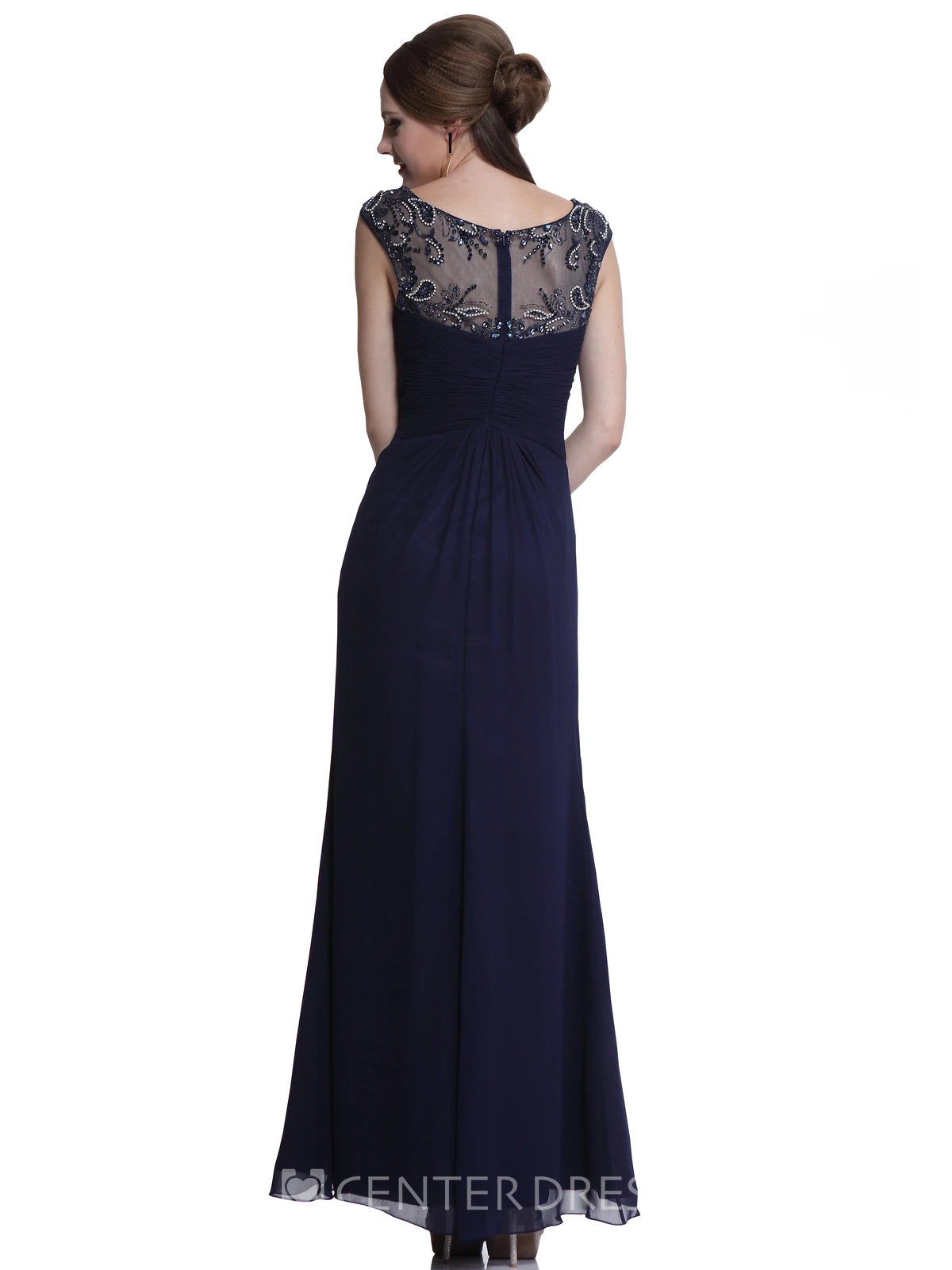 Sheath Cap-Sleeve Chiffon Illusion Dress With Beading And Split Front