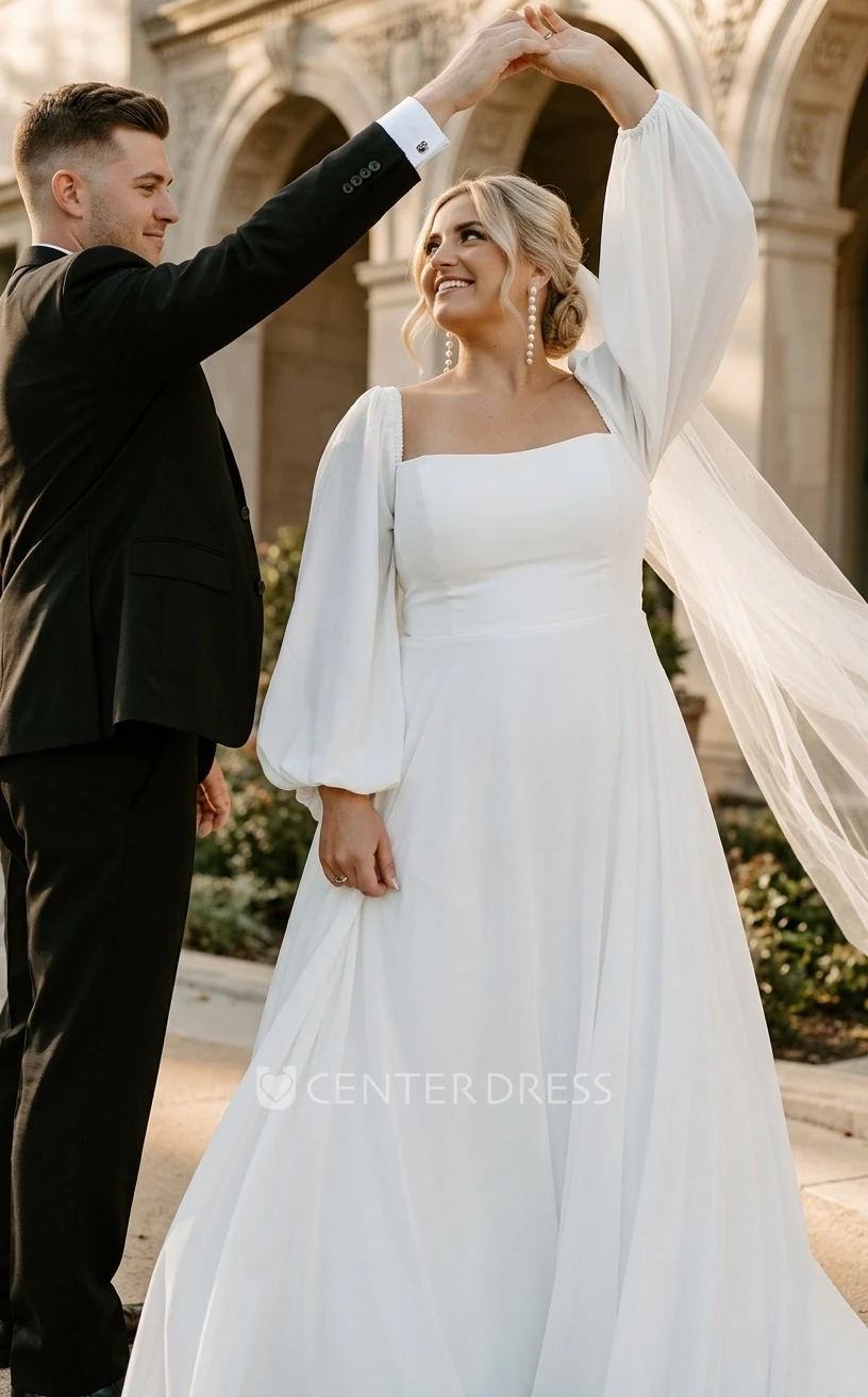 Modest Romantic A-Line Plus Size Spring Wedding Dress with Long Sleeve Simple Casual Charming Low Cut Square Neck Chiffon Train Bridal Gown
