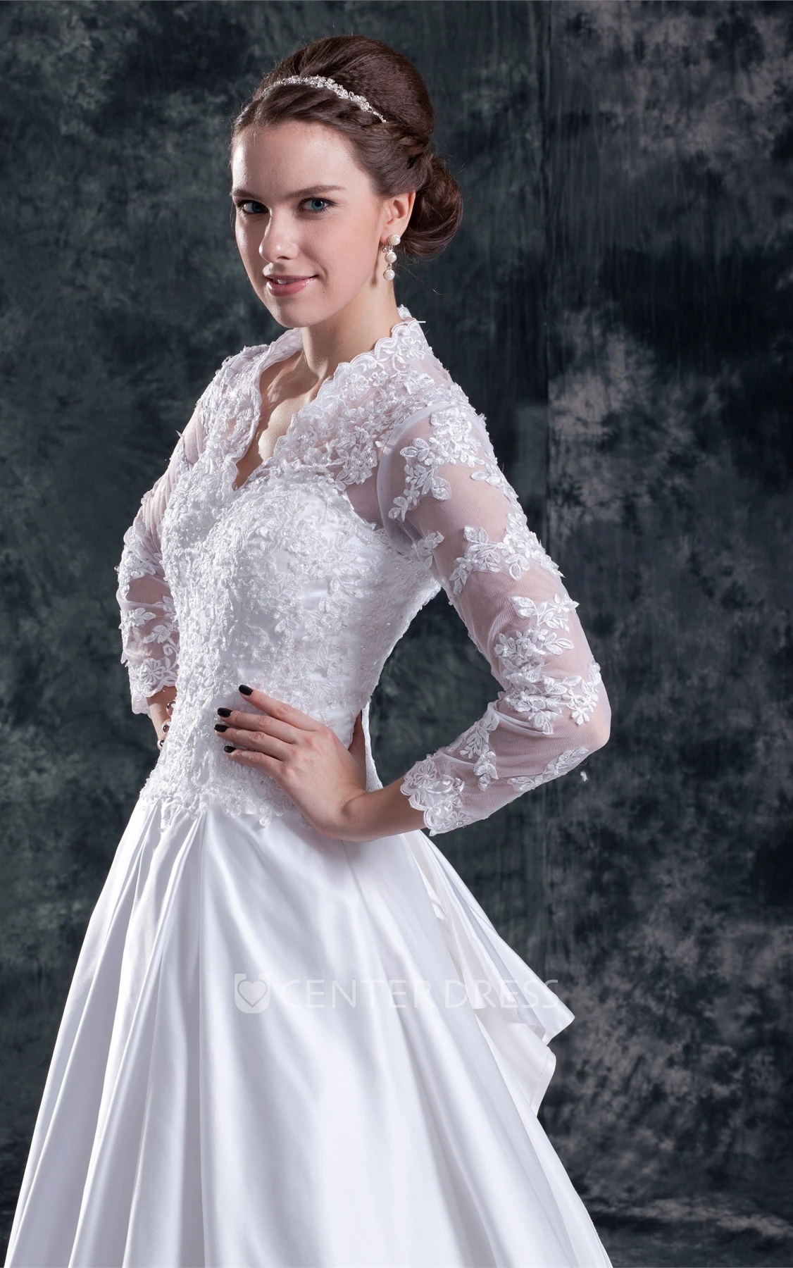 Modest Scalloped-Neck 3 4 Sleeves A-line Lace Wedding Gown with Court Train