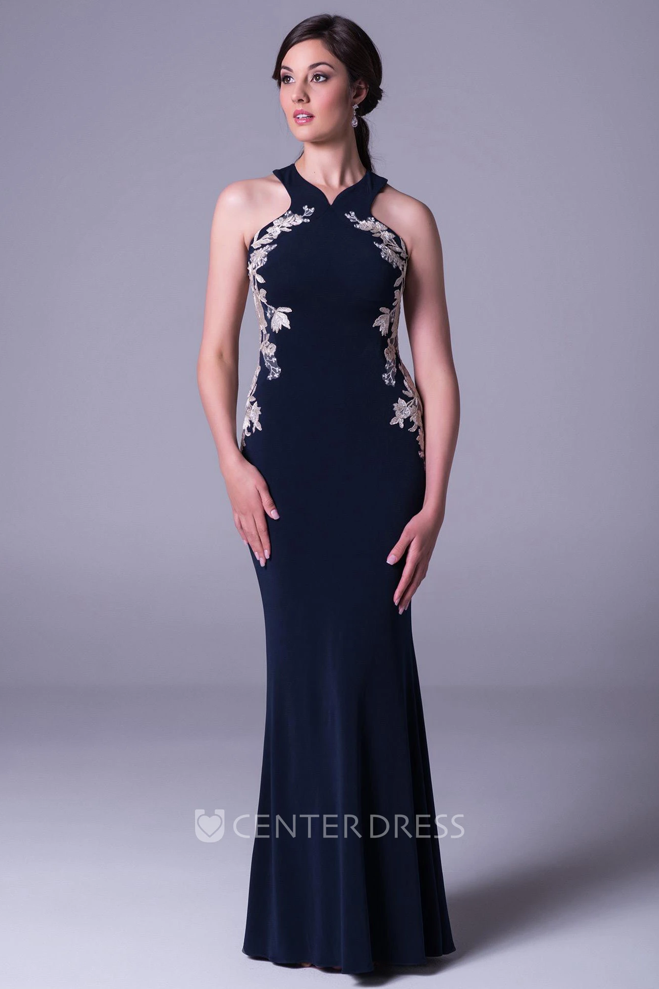 Sheath Maxi Sleeveless Appliqued Jersey Prom Dress