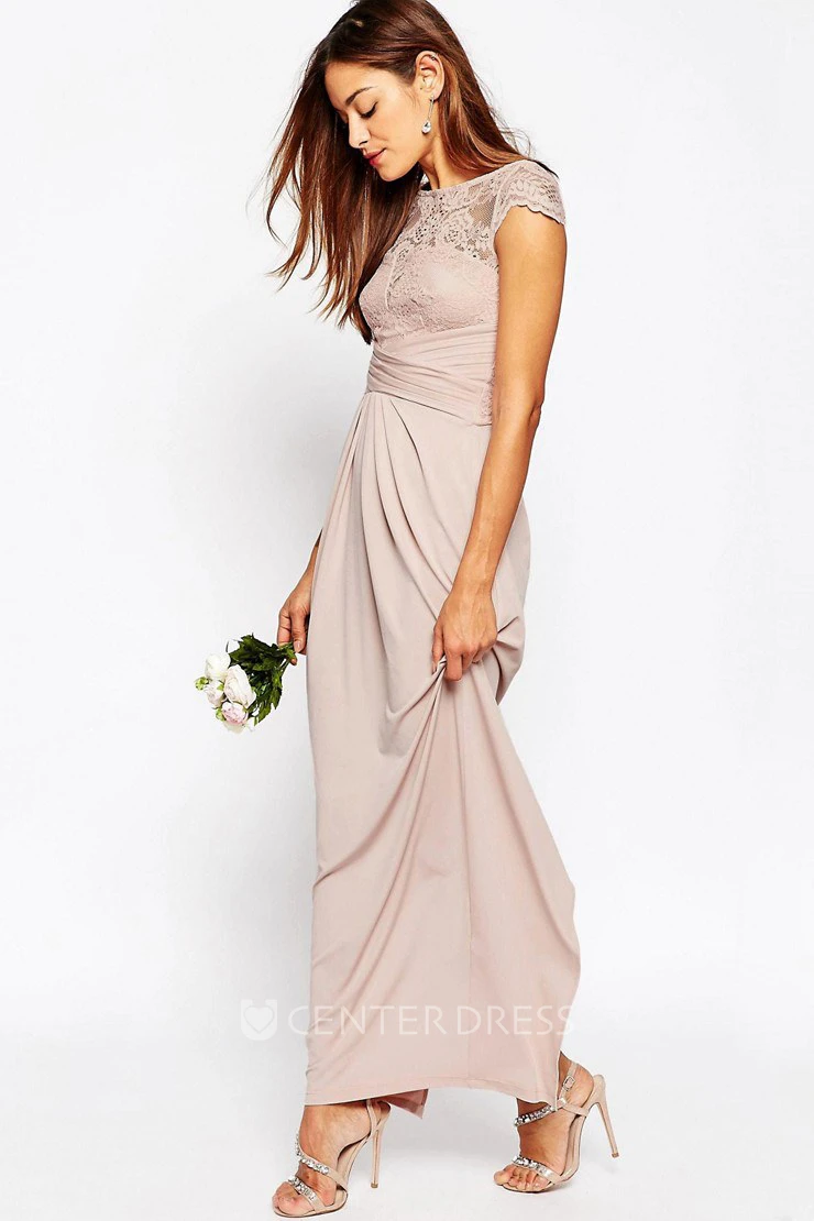 Sheath Cap-Sleeve Splited Scoop-Neck Ankle-Length Chiffon Bridesmaid Dress With Illusion